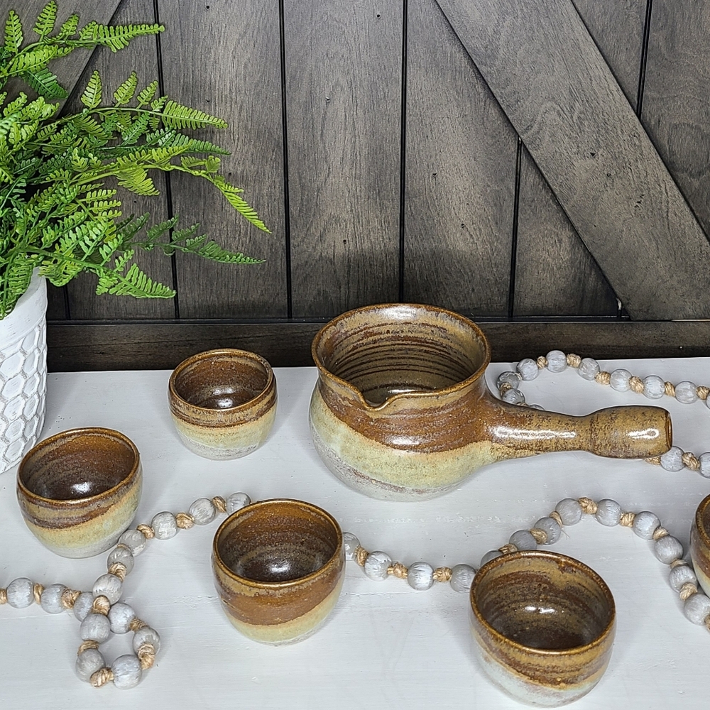 Vintage pottery tea/hot chocolate set spouted butter meltor syrup warmer 6 piece